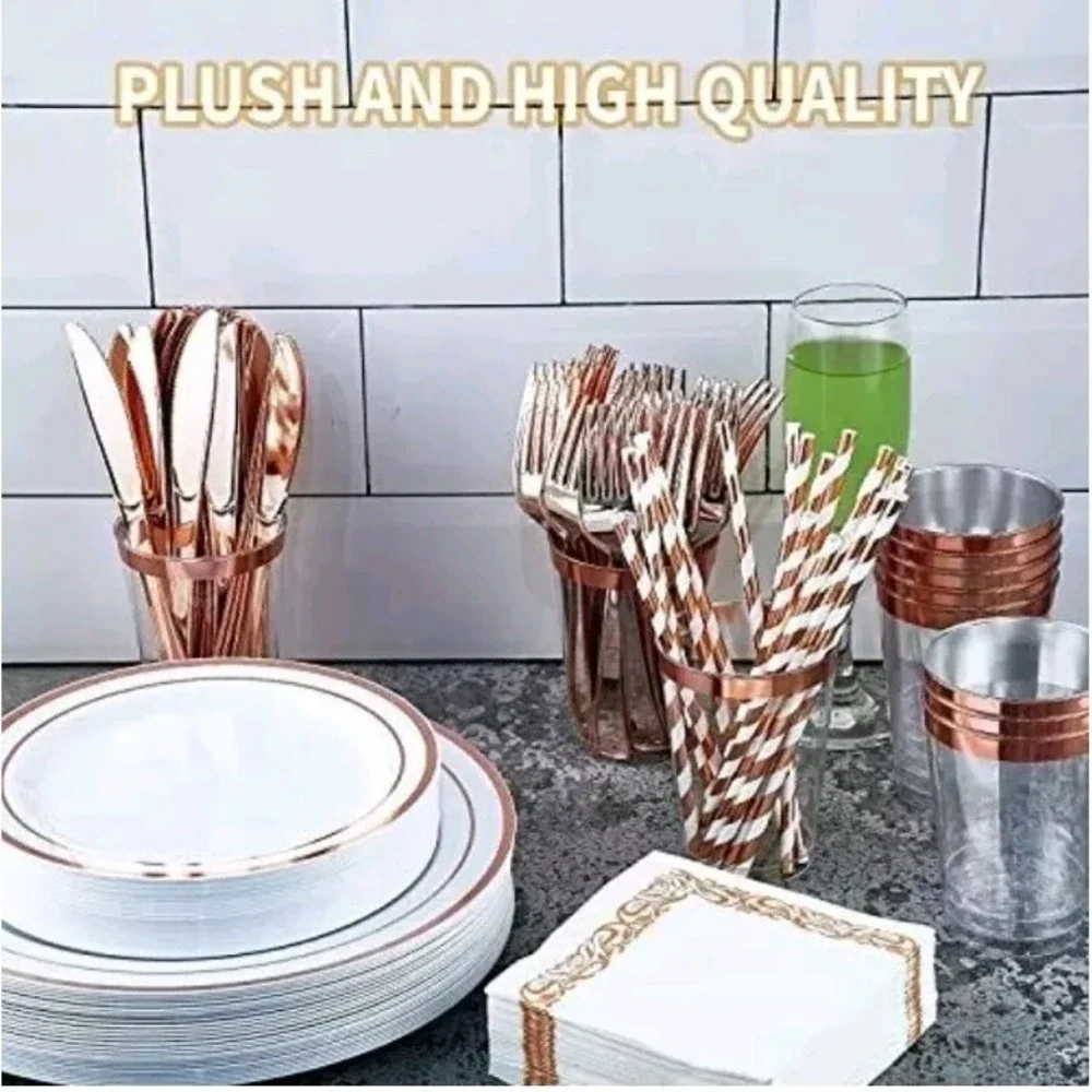250 Count Rose Gold Disposable Plastic Dinnerware Set, Plates, Silverware, Cups.